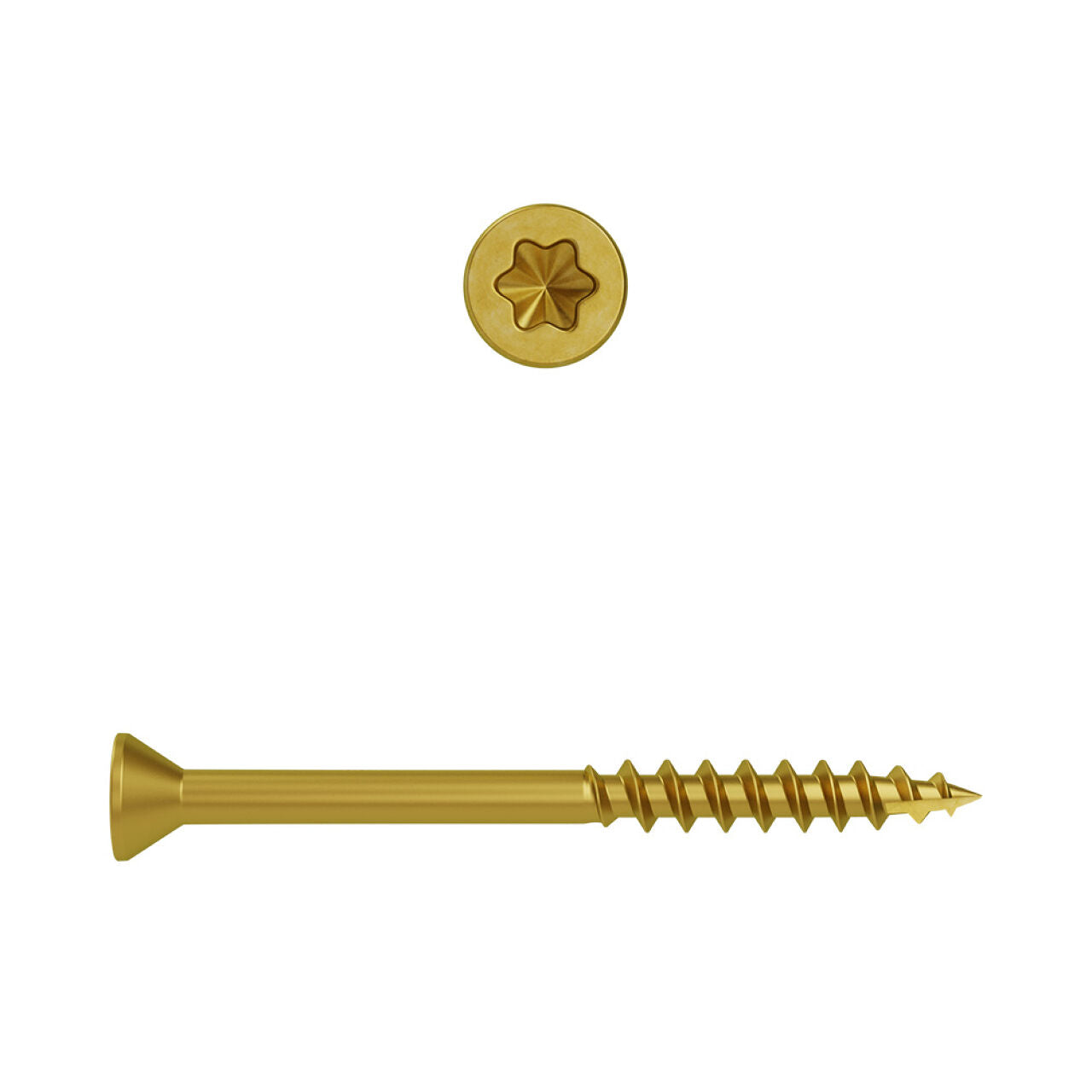 A Go Build #9 x 2-1/2 in. Star Drive Flat Head Tan Deck Screw (435/Pack) is shown horizontally, displaying its flat head and star-shaped drive. A top view highlights the distinct star pattern on the head.